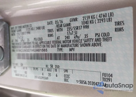 2017 Ford Escape Se z USA, uszkodzony, nr VIN 1FMCU9GD1HUA61565